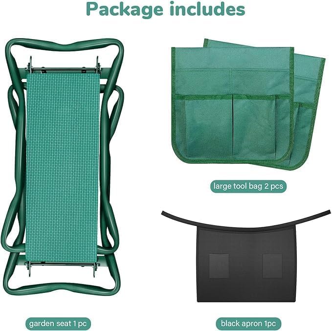 iPower 2-in-1 Garden Kneeler and Seat with 3 Pack 10 Gallon Potato Grow Bags, 2 Removable Tools Pouch and Soft Kneeling Pad, No Assembly, Portable Heavy Duty Garden Stool for Women Men Seniors