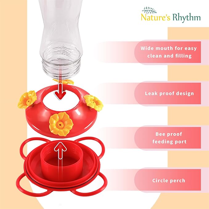 Nature's Rhythm Bird Feeder 4 bee Guard Plastic Yellow Flowers Feeding Port 8oz Glass Pinch Waist Hummingbird Feeder (2Pcs)