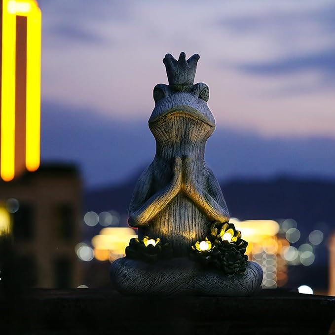 Large Garden Statue Yoga Frog Sustainable Eco-Friendly Solar Lights with LED Sustainability Sculpture Courtyard Balcony Home Decoration(20" Tall