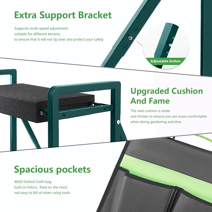 Garden Kneeler and Seat Heavy Duty,Foldable Gardening Stool with Anti-Tipping,10" Thicken & Widen Soft Kneeling Pad,Great Gardening Gifts for Women and Men, Bench Comes with Tool Pouch,Green
