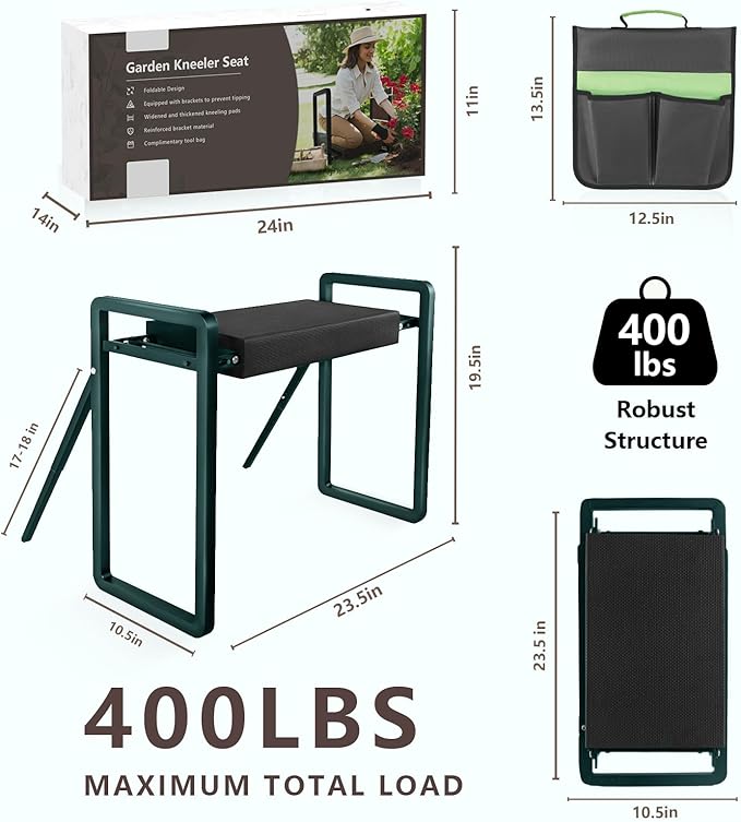Garden Kneeler and Seat Heavy Duty,Foldable Gardening Stool with Anti-Tipping,10" Thicken & Widen Soft Kneeling Pad,Great Gardening Gifts for Women and Men, Bench Comes with Tool Pouch,Green