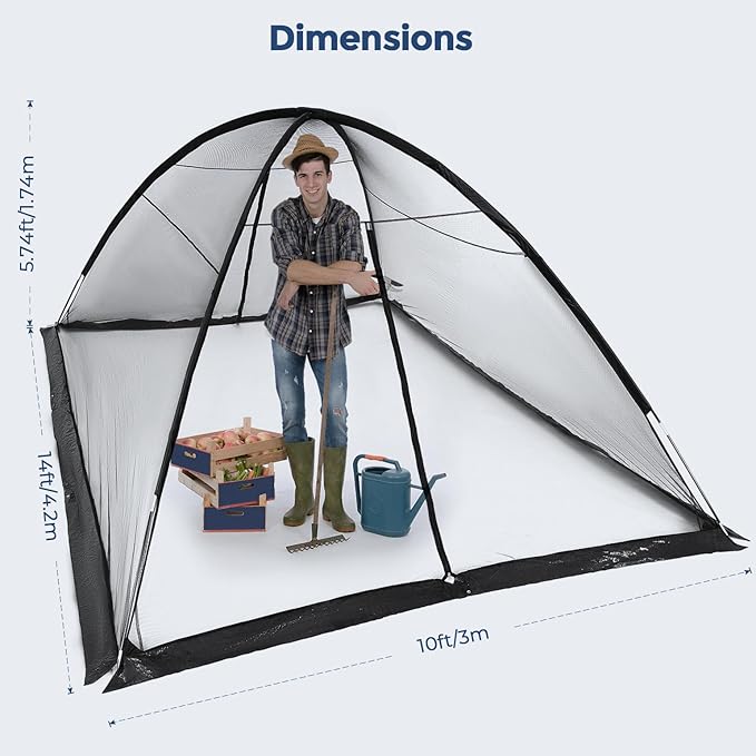 DEERFAMY Pond Net Dome, 10ร14 FT Pond Cover with 2 Doors, Pond Mesh Tent with 4 Ropes, 16 Stakes, and Fiberglass Poles, Pond Netting for Koi, Outdoor Ponds, Pool and Gardens, Black