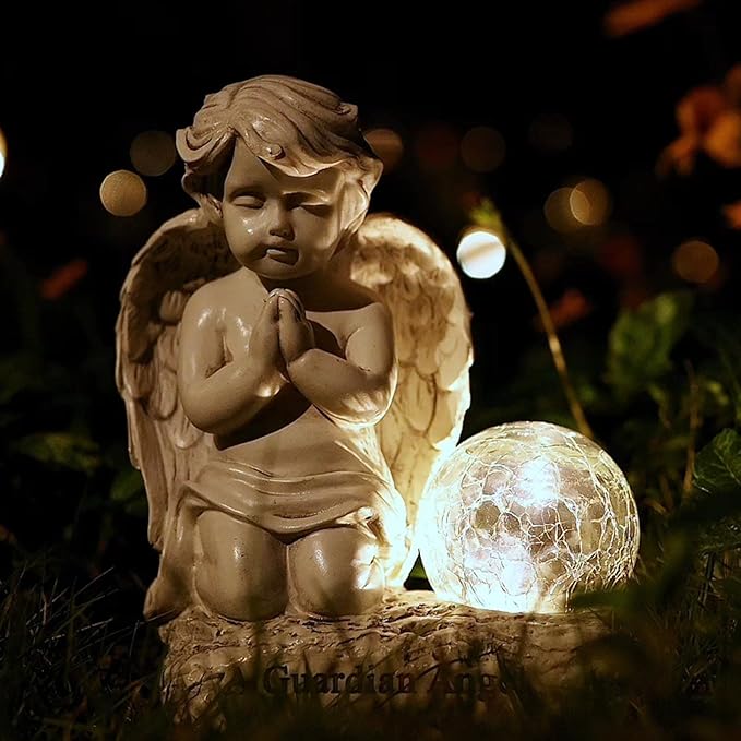 Angel Decor Praying Cherubs Statue Garden Decor, Angel Garden Figurines Outdoor Decoration,Baby Angel Garden Statue with Solar Crackle Glass Globe for Lawn Patio Decorations