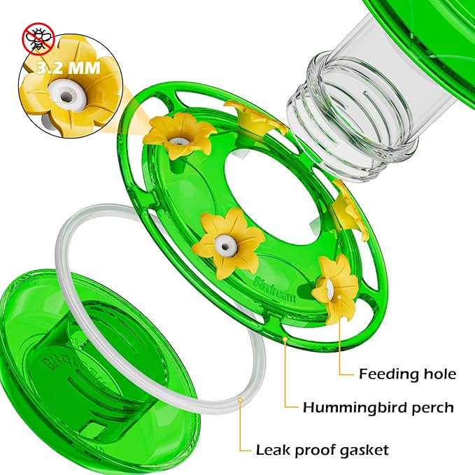 Birdream Hummingbird Feeder for Outdoors Hanging, 20oz Hummingbird Feeders with 5 Bee Guard Feeding Ports & Built-in Ant Moat Brush Leak-Proof for Outside Gifts for Women - Green
