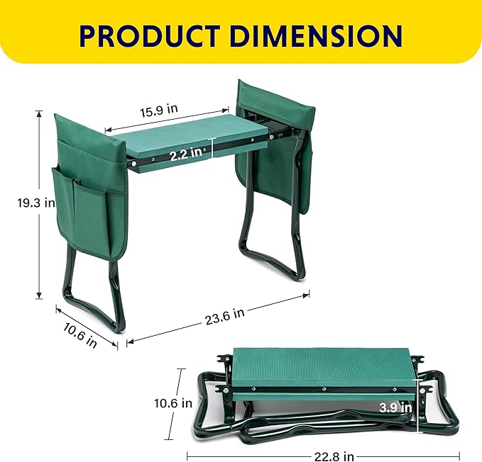iPower Garden Kneeler and Seat, Foldable Stool, Gardening Bench with Thicken Widen Soft Kneeling Pad, Heavy Duty & 2 Tool Pouches, Gifts for Women, Mom & Dad, Grandparents, Seniors, Green