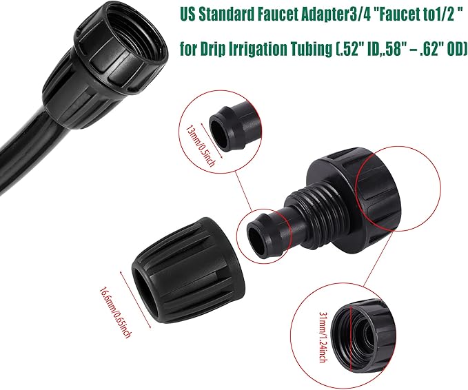2 Way Y Water Splitter Connector for 3/4" Inch Garden Hose Spigot Faucet,with US Standard 3/4" Female GHT to 1/2' Hose Adapter for Drip Irrigation Tubing (.52" ID,.58" –.62" OD)
