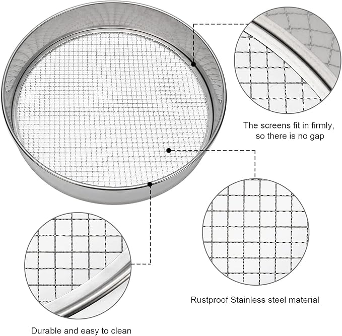 Soil Sieve Garden Potting Riddle Sieve Stainless Steel Soil Sieve Set, With 3 Interchangeable Filter Mesh Sizes 3,6,9mm and Bonus Spade