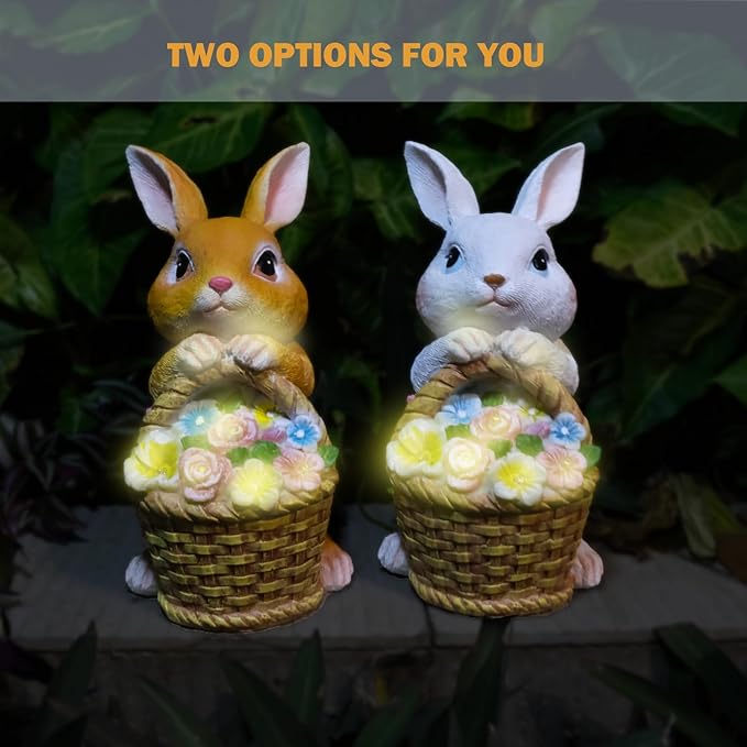 Solar Garden Statues Rabbit & Flowers Decor Outdoor Indoor with 5 LED Light, Unique for Women,Mom,Grandma,Girls, Bunny Lawn Decorations Statue for Patio,Yard Ornament,Gardening