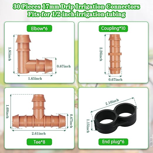 30 Pieces Drip Irrigation Kit:Drip Irrigation Parts for 1/2 Inch Drip Irrigation Tubing with 17mm 0.600" ID Drip Line Fittings Barbed Connectors Including 10 Couplings 8 Tees 6 Elbows 6 Plugs