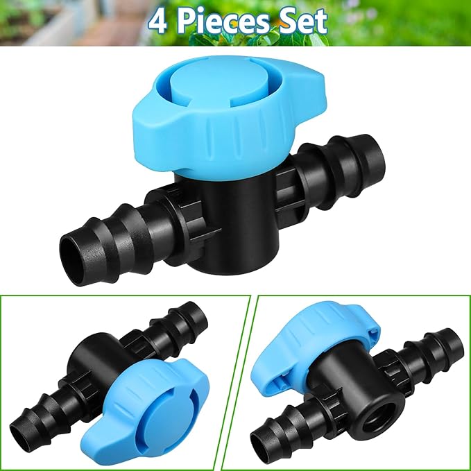 JAYEE Drip Irrigation Valve Tubing Fittings 1/2 inch, 4 Pcs Barbed Switch Valves Drip Line Parts for 1/2 Inch Drip Irrigation Tubing (.570-.620" ID), Shut Off On Water Flow for Sprinkler Systems