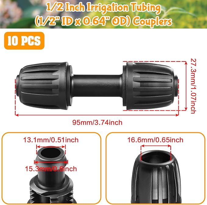 Drip Irrigation Fittings for 1/2 Inch Drip Tubing (1/2" ID x 0.65" OD):1/2'' Drip Line Couplings Anti-drop Locked Nut Barbed Straight Coupling Connectors for Garden Irrigation System (10 Pack)