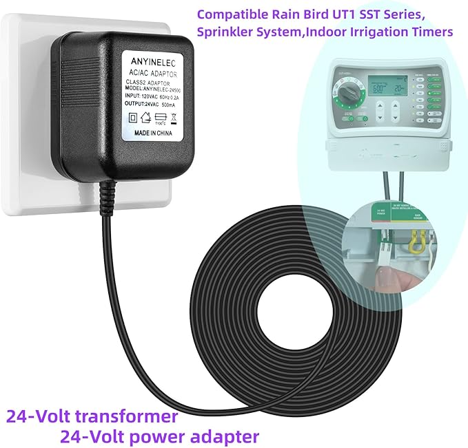 for Rain Bird SST Series Indoor Irrigation Timers 24V AC Power Adapter Transformer Compatible Sprinkler System,Indoor Irrigation Timers(9.8 FT Cable)