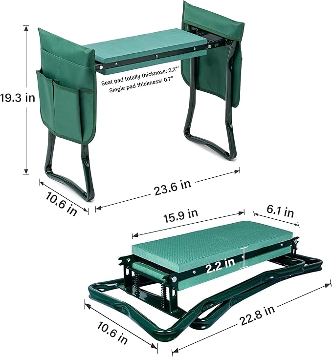 iPower 2024 Upgraded Garden Kneeler and Seat, with Sturdy Soft EVA Foam Pad, 2 Tool Pouch, Hold 330lb, Portable Foldable Kneeling Bench, for Gardening, Fishing, Camping, Green