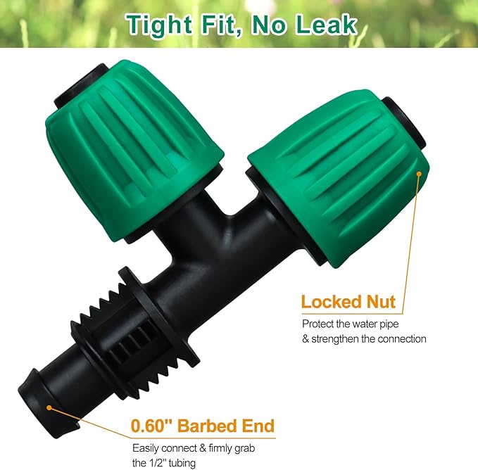 JAYEE 22 Pcs Drip Irrigation Fittings Kit for 1/2 in Tubing, Drip Line Parts for Sprinkler System - 5 Tees, 5 Couplings, 3 Elbows, 3 Barbed Lock T Connectors, 4 End Closure Plugs, 2 Switch Valves