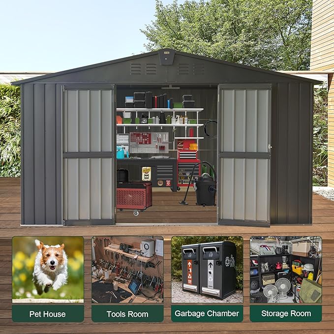 Domi Outdoor Storage Shed 11' x 12.5', Metal Sheds Steel Utility Tool Storage House with Double Lockable Doors & Air Vents for Patio Garden Lawn Backyard, Dark Gray