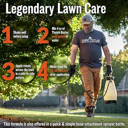 Turf Titan Thatch Buster with Hose End Sprayer – Natural Lawn Aerator and Grass Dethatcher – Probiotic Solution for Improved Lawn Drainage, Soil Health, and Strength (32oz)
