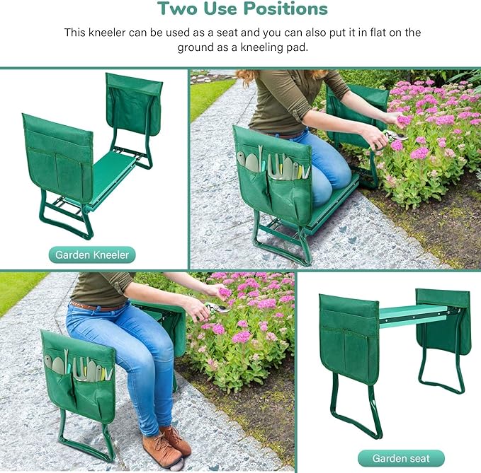 iPower Garden Kneeler and Seat Foldable Kneeling Bench with Sturdy Soft EVA Foam Pad for Outdoor, Fishing, Camping, 4 Tool Pouches Included, 2 Pack