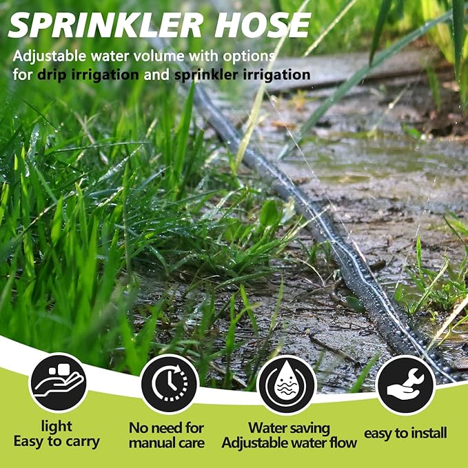 Sprinkler Hose with Holes 75 Ft (25 ft 3pack), Flat Soaker Hose 75 ft with Garden Staples and Splitters, Drip Line Irrigation Hoses for Lawn, Vegetable Watering Hose (75 ft)