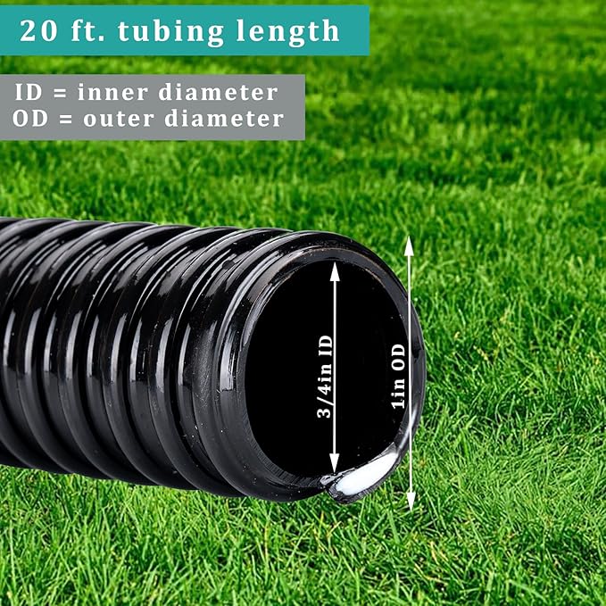 Pond Tubing ID 3/4” × 20ft Black Corrugated Flexible Reinforced Waterfall Pond Tube Sump Pump Hose, Non-toxic & Kinkproof (20 ft, 3/4" ID)