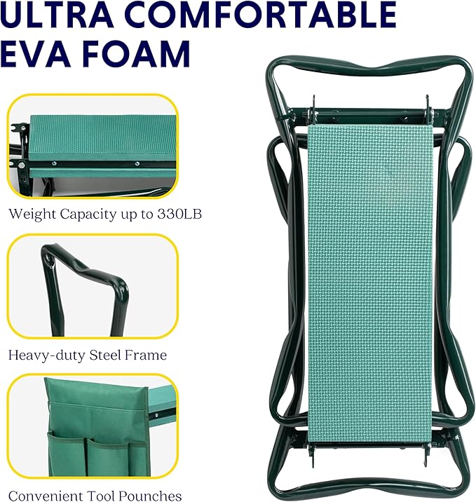 iPower Garden Kneeler and Seat, Foldable Stool, Gardening Bench with Thicken Widen Soft Kneeling Pad, Heavy Duty & 2 Tool Pouches, Gifts for Women, Mom & Dad, Grandparents, Seniors, Green