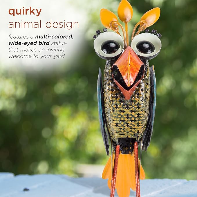 Alpine Corporation 12" Tall Outdoor Metal Wide-Eyed Bird Standing Yard Statue Decoration, Multicolor