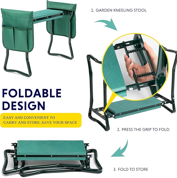 iPower Garden Kneeler and Seat, Foldable Stool, Gardening Bench with Thicken Widen Soft Kneeling Pad, Heavy Duty & 2 Tool Pouches, Gifts for Women, Mom & Dad, Grandparents, Seniors, Green