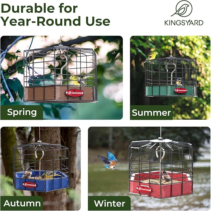 Kingsyard Squirrel Proof Platform Bird Feeder for Outdoor Hanging, Caged Bird Feeder for Bluebird Mealworm, Recycled Plastic Feeding Platform with Metal Mesh Tray, Special for Small Birds, Blue