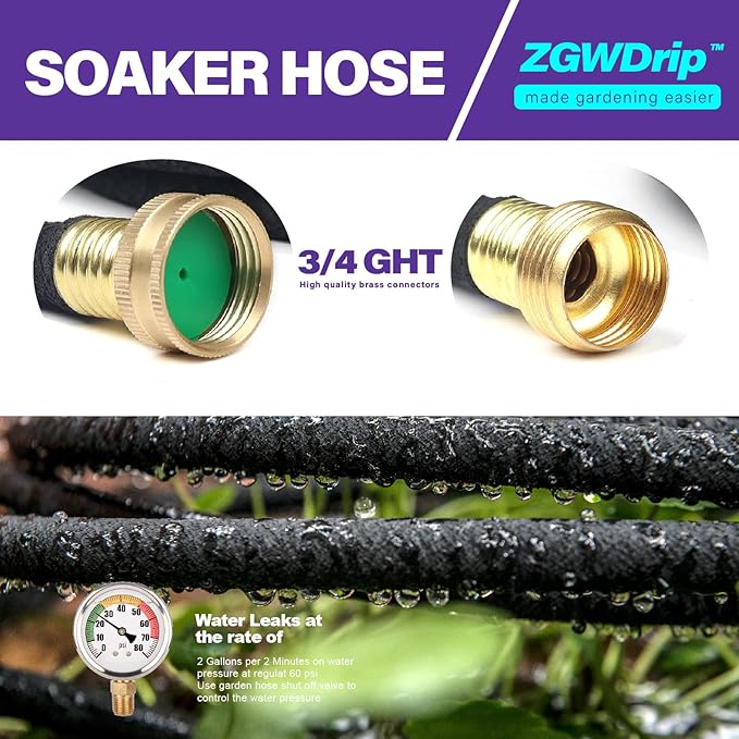 Soaker Hose 25 FT,1/2 Inch Soaker Garden Hose with 3/4" Solid Brass Connectors
