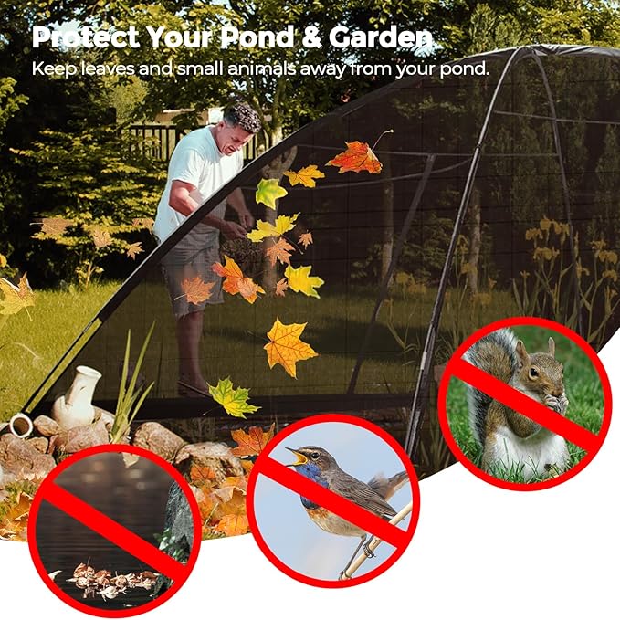 DEERFAMY Pond Net Dome, 10ร14 FT Pond Cover with 2 Doors, Pond Mesh Tent with 4 Ropes, 16 Stakes, and Fiberglass Poles, Pond Netting for Koi, Outdoor Ponds, Pool and Gardens, Black