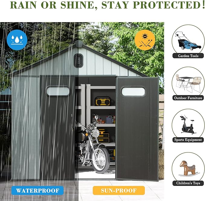 Domi 8x12FT Outdoor Resin Storage Shed with Transparent Windows & Louvered Vents, Plastic Tool Shed with Double Lockable Doors & Gable Roof, Outside Garden Shed for Backyard, Patio, Lawn, Grey