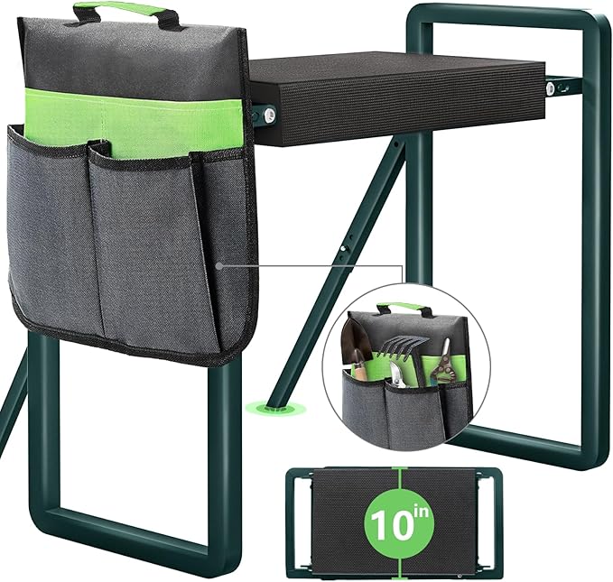 Garden Kneeler and Seat Heavy Duty,Foldable Gardening Stool with Anti-Tipping,10" Thicken & Widen Soft Kneeling Pad,Great Gardening Gifts for Women and Men, Bench Comes with Tool Pouch,Green