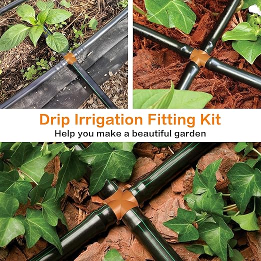 Drip Irrigation Fittings Kit for 1/2 inch Tube (0.600”ID), 38 Pieces Drip Irrigation Parts 1/2" Drip Line Connectors - 14 Couplings, 9 Tees, 6 Elbows, 6 End Caps, 3 Cross Connectors