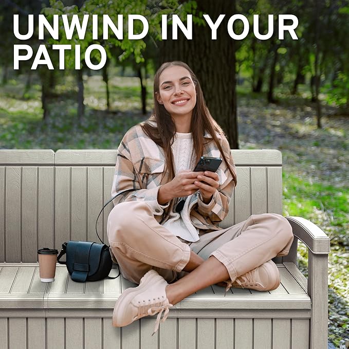 EconoHome 3 Seat Outdoor Storage Bench with Rain Cover - 90 Gallon Capacity - Weatherproof Resin Bench for Patio, Porch, Garden, Yard, Pool Area - Furniture for Pool Accessories, Gardening Tools