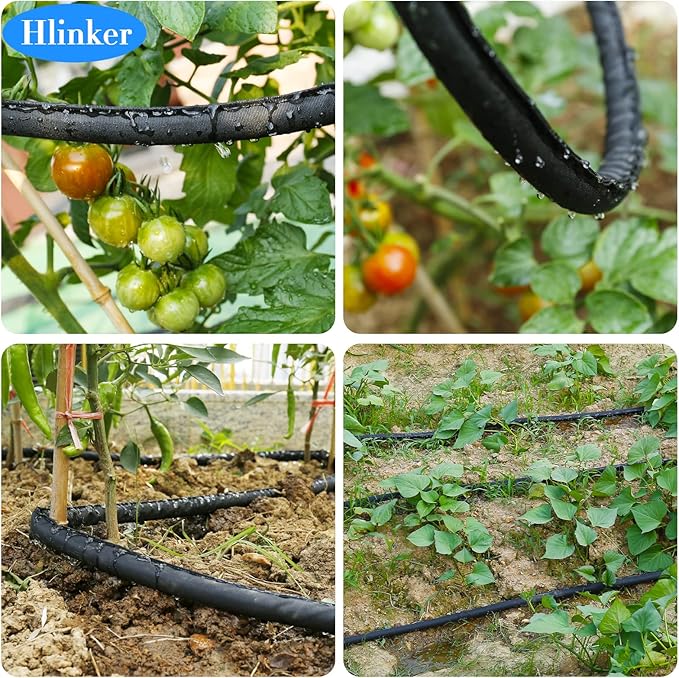 Flat Soaker Hose 15 25 50 75 FT for Garden Beds, 25Ft 1/2" Linkable Consistent Drip Irrigation Hose Save 80% Water, Leakproof Heavy Duty Double Layer Sprinkler Hose