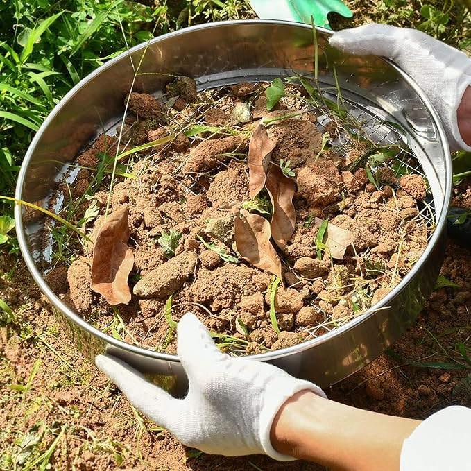 Soil Sieve Garden Potting Riddle Sieve Stainless Steel Soil Sieve Set, With 3 Interchangeable Filter Mesh Sizes 3,6,9mm and Bonus Spade