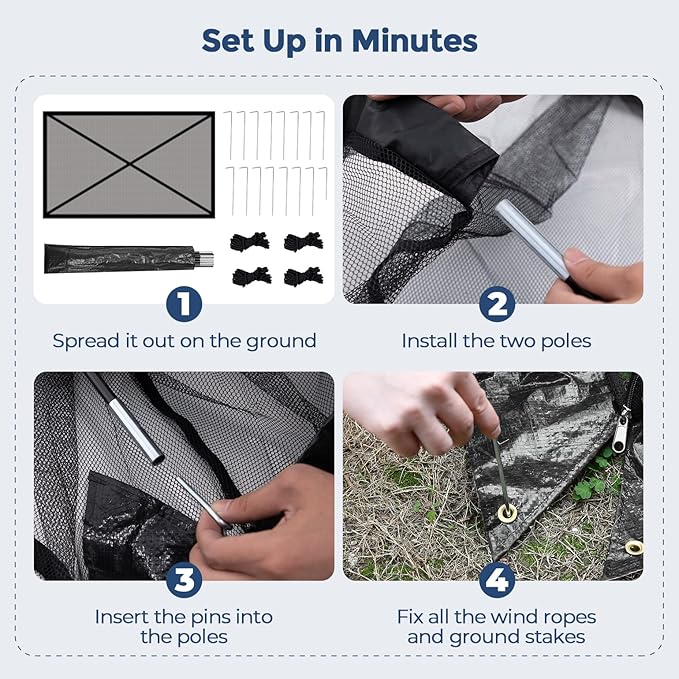 DEERFAMY Pond Net Dome, 10ร14 FT Pond Cover with 2 Doors, Pond Mesh Tent with 4 Ropes, 16 Stakes, and Fiberglass Poles, Pond Netting for Koi, Outdoor Ponds, Pool and Gardens, Black
