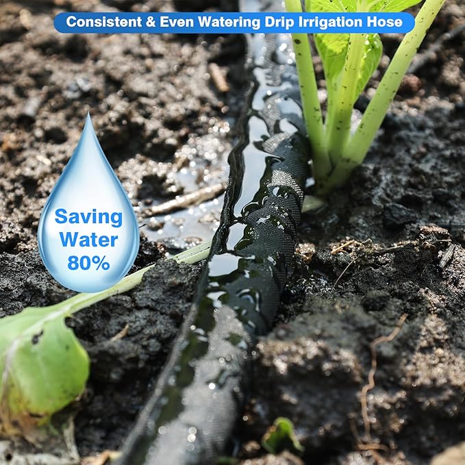 Flat Soaker Hose 50FT x 4 PACK,Drip Hose for Garden Beds Linkable Irrigation System Lightweight and Easy Watering for Tree Plant and Save 80% Water for You (200FT)