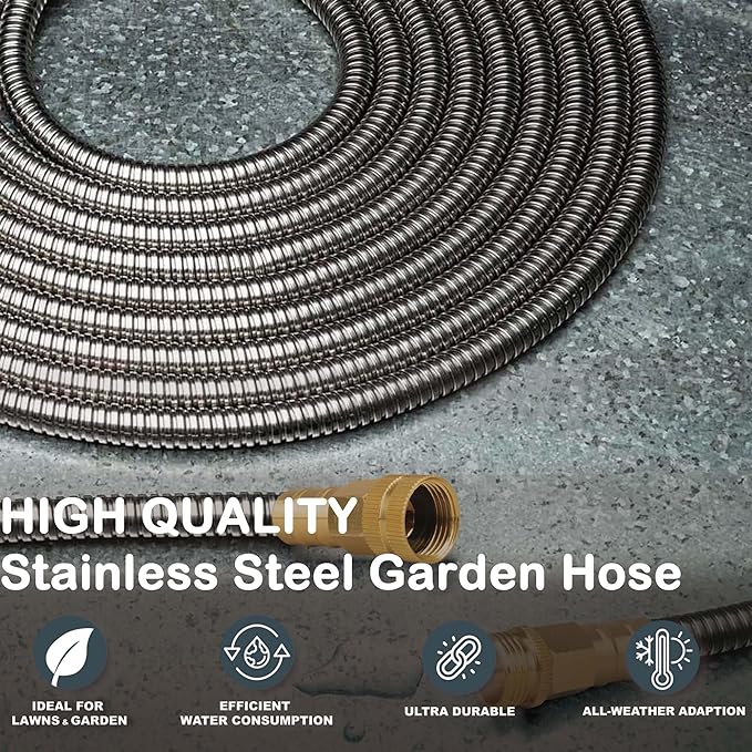 Stainless Steel Garden Hose: Durable Quality Metal with High-pressure Water Output for Gardeners(25FT)