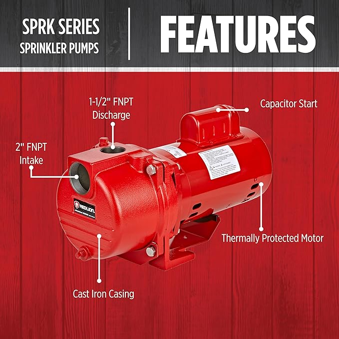 Red Lion 97101001 RL-SPRK100 Sprinkler Pump with Thermoplastic Impeller, 1 HP, 63 GPM, 115/230 Volt, Red