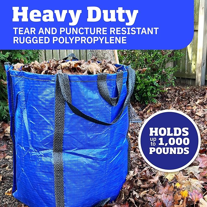 DURASACK Heavy Duty Home and Yard Waste Bag 48-Gallon Woven Polypropylene, Reusable Lawn and Leaf Garden Bag with Reinforced Carry Handles, Pop-Up Self-Standing Garbage Can, Blue, Pack of 3