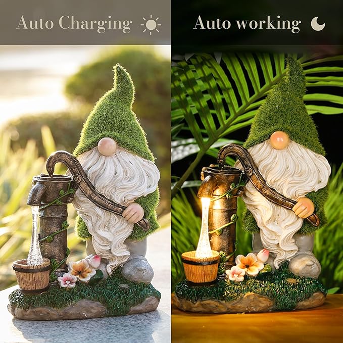 TERESA'S Collections Resin Garden Gnomes Decor with Solar Lights, Light Green Outdoor Decorations for Porch Patio, Gifts for Women and Men,Outdoor Garden Decor Ornaments for Outside, 9"