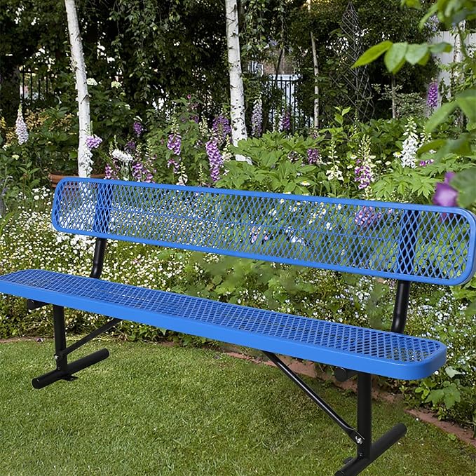 8FT Heavy Duty Park Bench with Back Portable Frame, Outdoor Steel Bench with Backrest, Outdoor Park Bench Expanded Metal Mesh Bench for Lawn, Park, Deck, Garden, Patio, Porch, Black (Blue, 8FT)