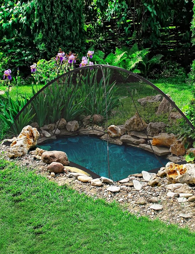 DEERFAMY Pond Net Dome, 10ร14 FT Pond Cover with 2 Doors, Pond Mesh Tent with 4 Ropes, 16 Stakes, and Fiberglass Poles, Pond Netting for Koi, Outdoor Ponds, Pool and Gardens, Black