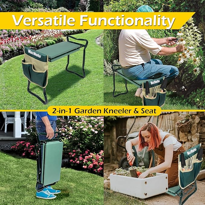 MaxWorks 50921 Folding Garden Kneeler Stool with 8 inch Wide Kneeling Pad, with 1 Tools Pouch for Planting and Gardening