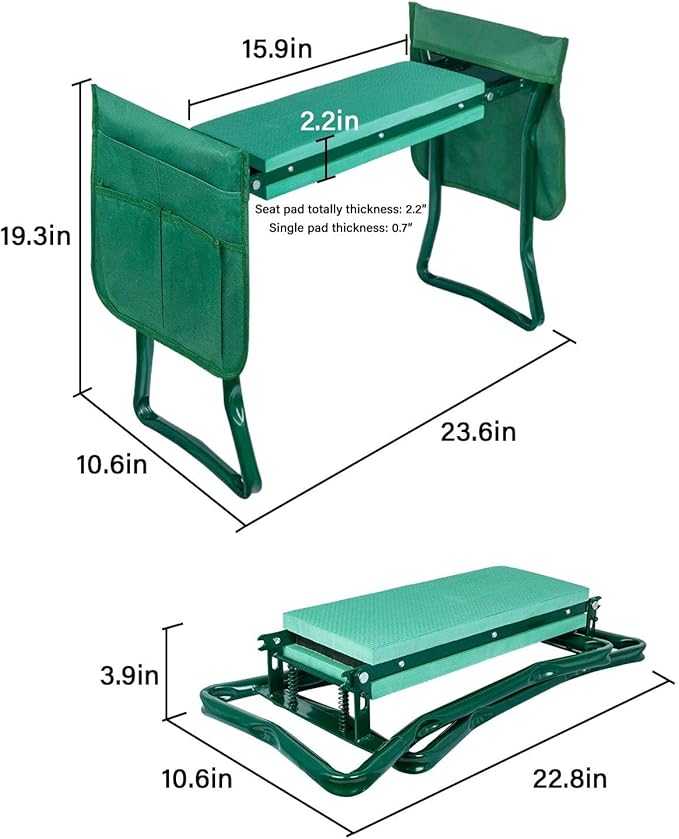 iPower Garden Kneeler and Seat Foldable Kneeling Bench with Sturdy Soft EVA Foam Pad for Outdoor, Fishing, Camping, 4 Tool Pouches Included, 2 Pack