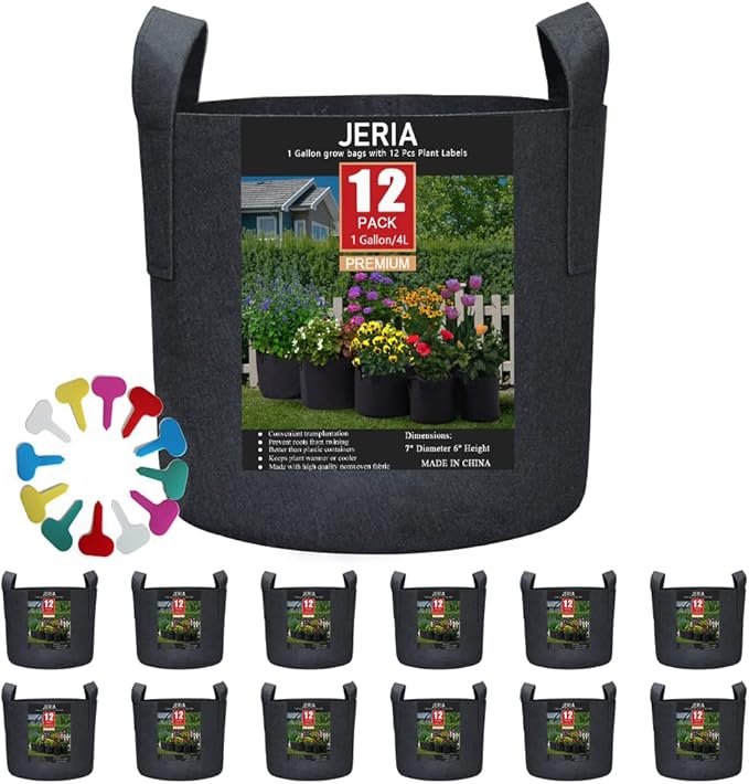 JERIA 12-Pack 1 Gallon, Vegetable/Flower/Plant Grow Bags, Aeration Fabric Pots with Handles (Black), Come with 12 Pcs Plant Labels