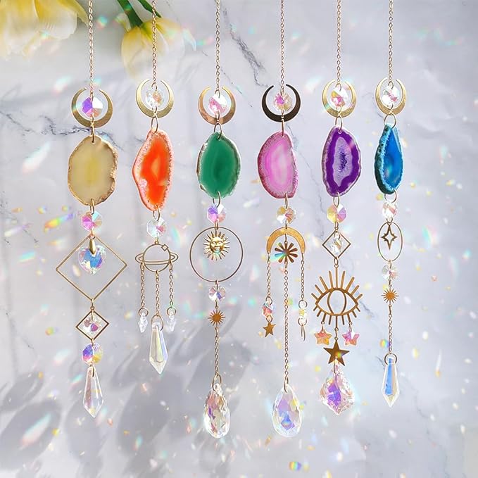 Sun Catcher, 6 pcs Sun Catchers with Crystals Prism Agate Slices Bulk Outdoor Garden Indoor Hanging Decor for Home Car Window Christmas Party Wedding Gift