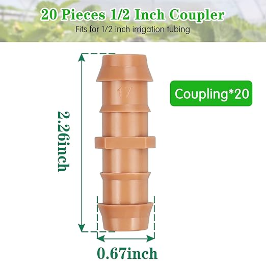 Drip Irrigation Barbed Coupling：20 Pack Drip Irrigation Coupler Parts Fits for 1/2 Inch Drip Irrigation Tubing 17mm 0.600" ID Coupling Connectors for Patio Lawn Garden