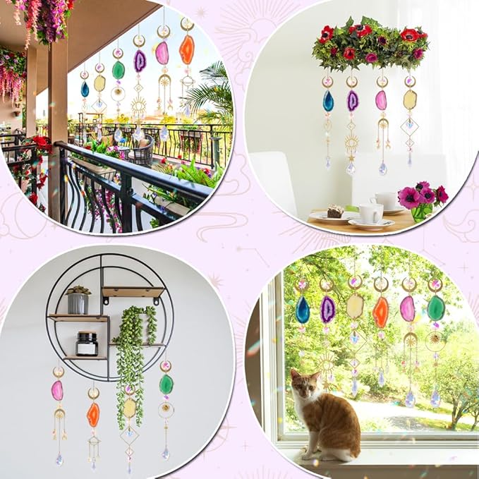 Sun Catcher, 6 pcs Sun Catchers with Crystals Prism Agate Slices Bulk Outdoor Garden Indoor Hanging Decor for Home Car Window Christmas Party Wedding Gift
