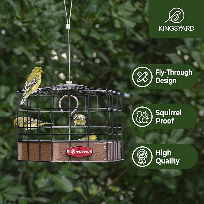 Kingsyard Squirrel Proof Platform Bird Feeders for Outdoor Hanging, Caged Bird Feeder for Small Wildbirds Finches, Recycled Plastic Feeding Platform with Metal Seed Tray, Brown